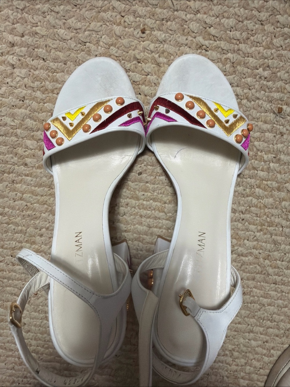 Stuart Weitzman White Slide Sandals with Multicolor Embellishments